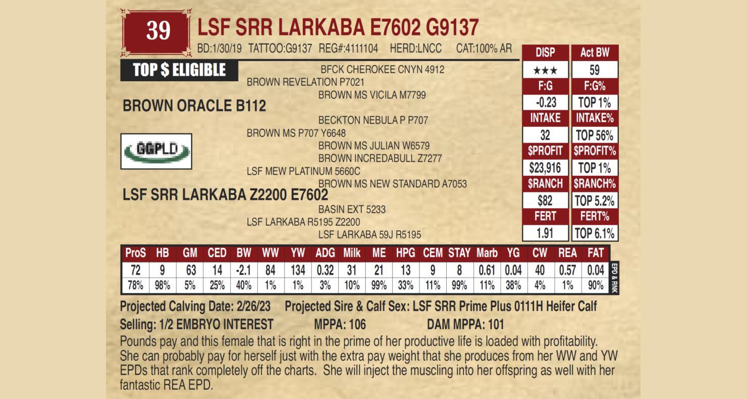 Ludvigson Stock Farms Lot 39 LSF SRR LARKABA E7602 G9137